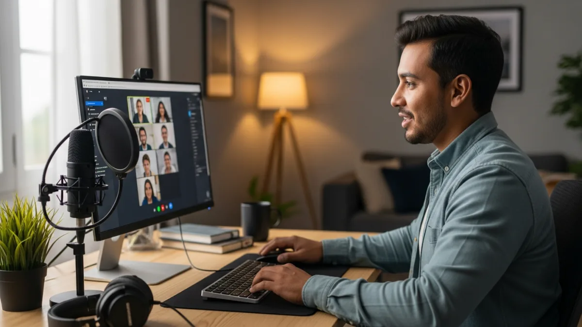 Latin American .NET developer at organized home office desk on video call with US engineering team