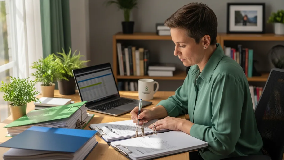 Small business owner reviewing nearshore staffing service agreement documents at home office desk