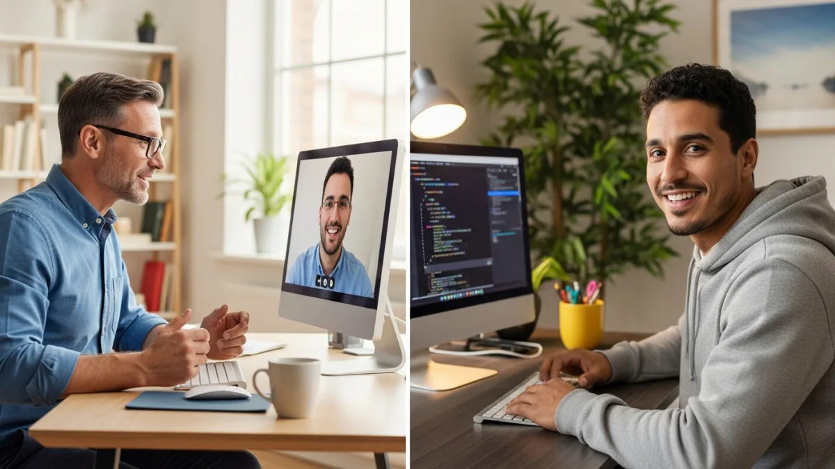 US business manager and Latin American software developer collaborating on video call about project planning