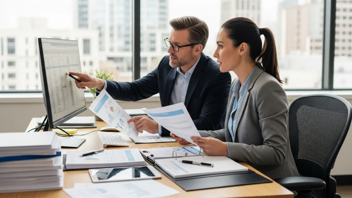 Finance manager and engineering lead reviewing budget planning documents at office desk