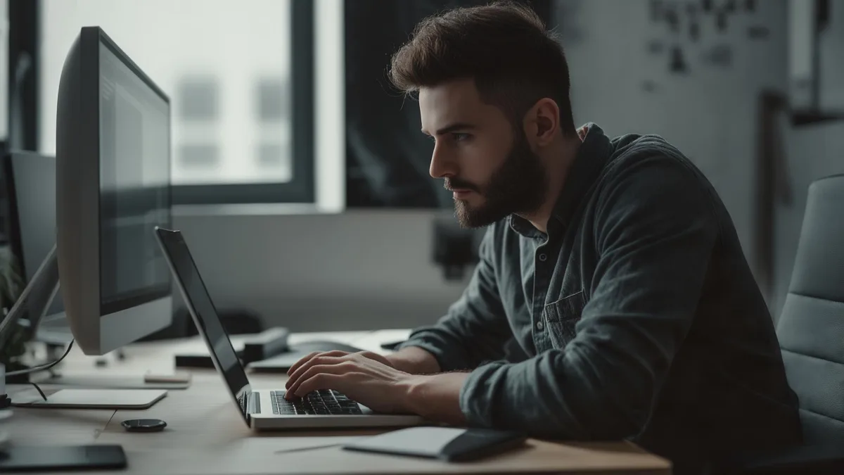 Developer working through a Node.js technical screening assessment on dual monitors