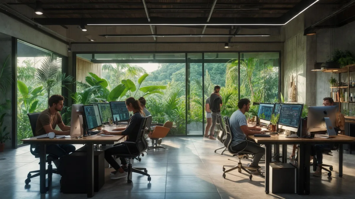Costa Rica nearshore engineering team collaborating on a Node.js project in a modern office