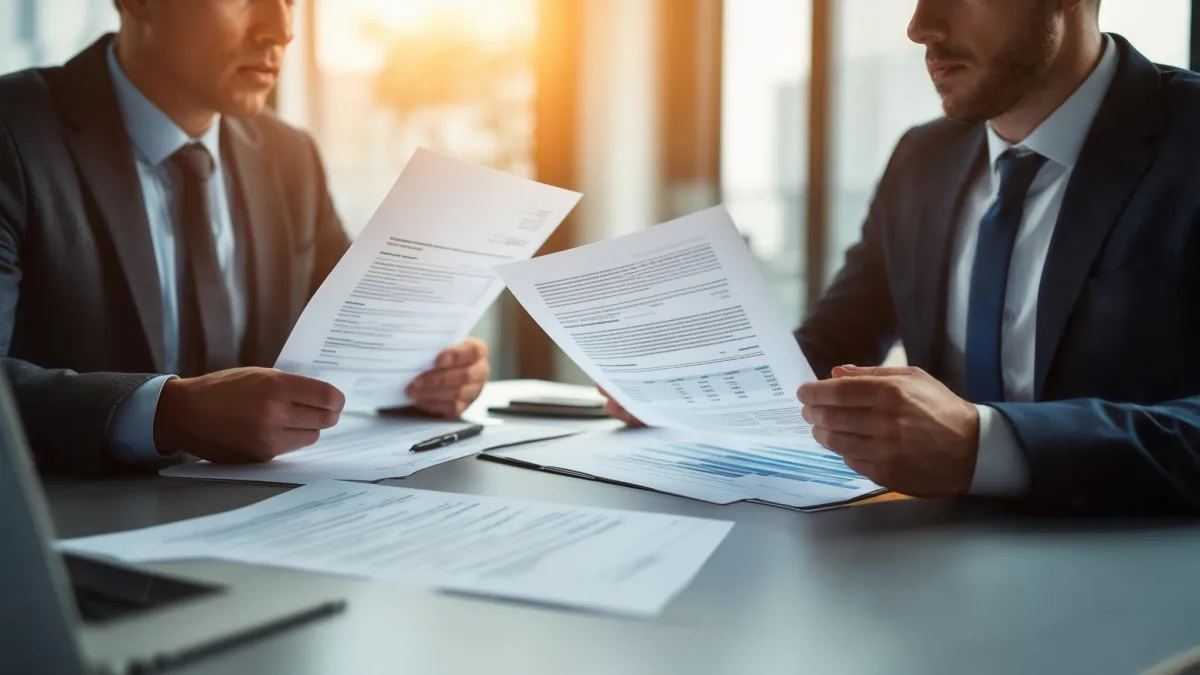 HR manager and software engineer reviewing employment contract and compensation documents at a professional office table