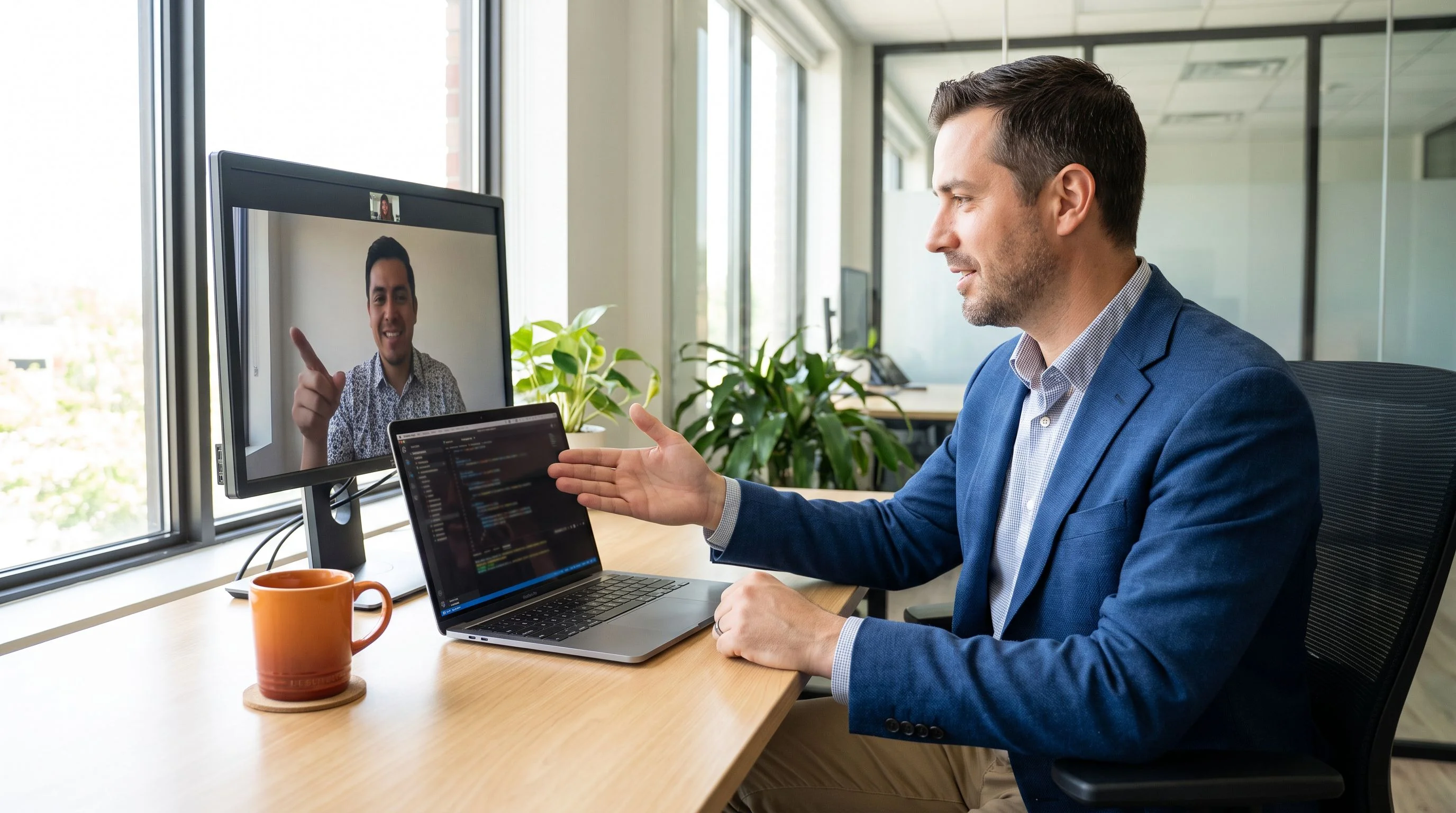 Engineering manager and nearshore Node.js developer collaborating over video call with code editor visible