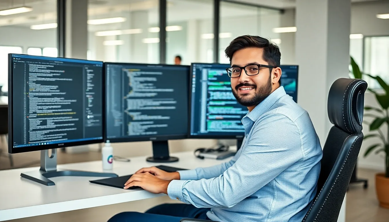 Python developer in Costa Rica working remotely on a FastAPI microservices project with multiple monitors showing code editor and terminal