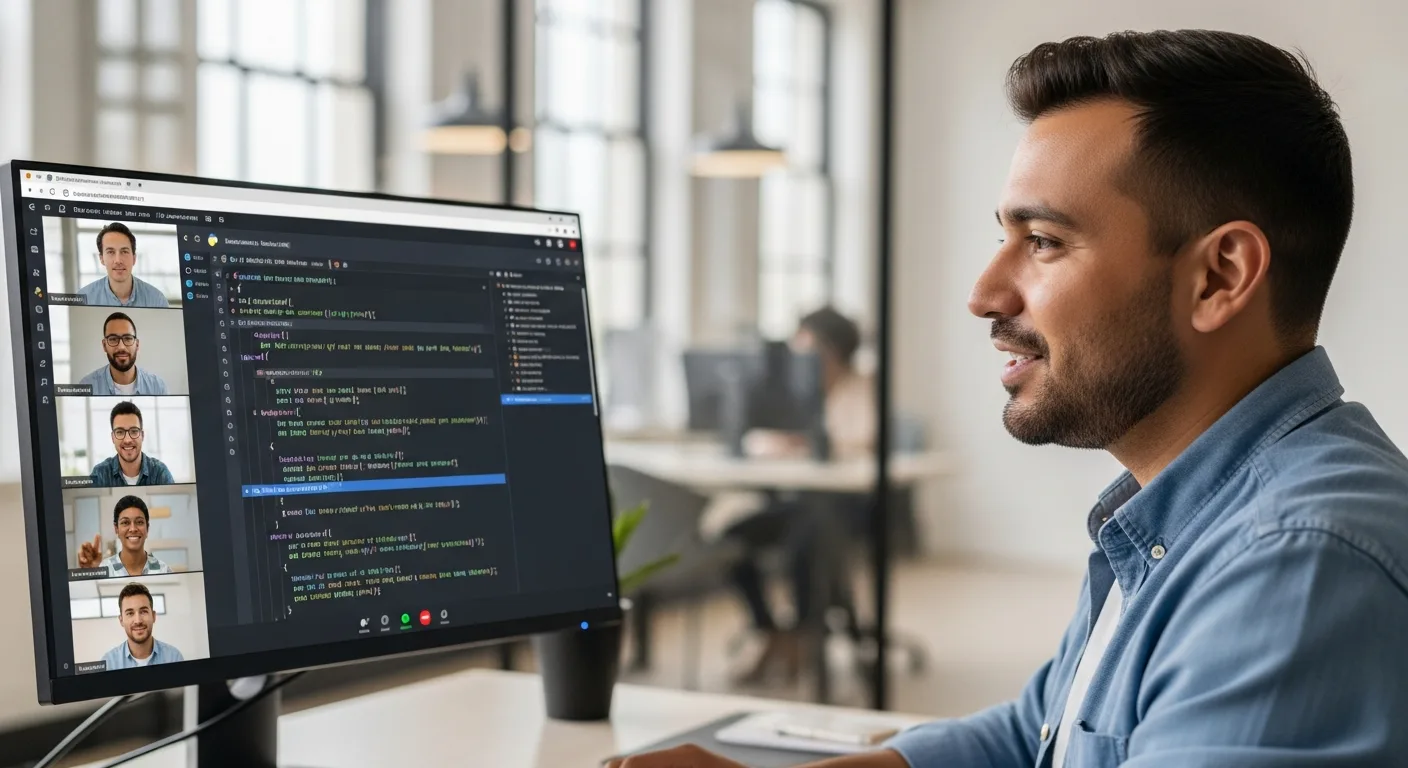 Nearshore Python developer from Costa Rica in a video standup with a US engineering team reviewing a Django REST API and FastAPI microservices architecture