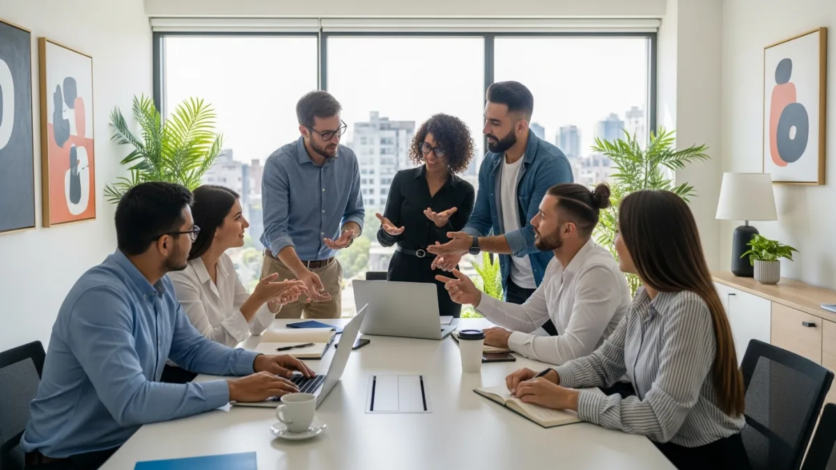 Diverse QA engineering team in modern Costa Rica office, professional collaboration