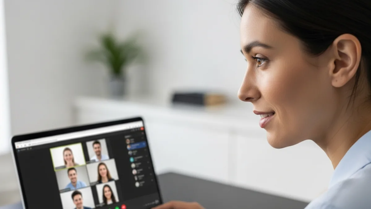 QA engineer on video call with US team, modern home office, professional setting