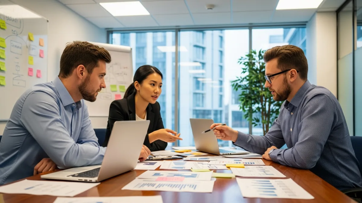 Software professionals discussing QA requirements over printed documentation in meeting room