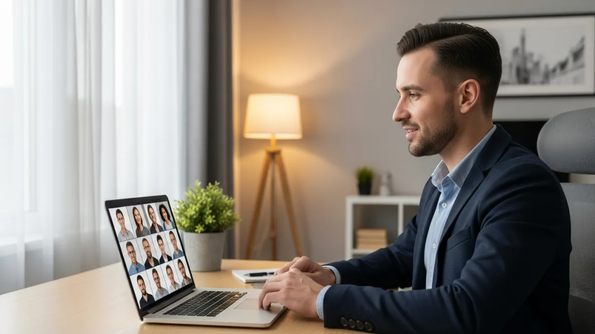 QA engineer on video call during technical screening interview in home office