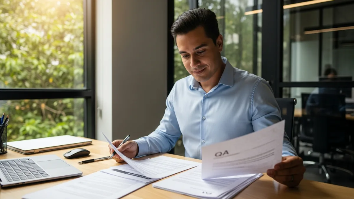 QA engineer reviewing test documentation at modern Costa Rica office desk