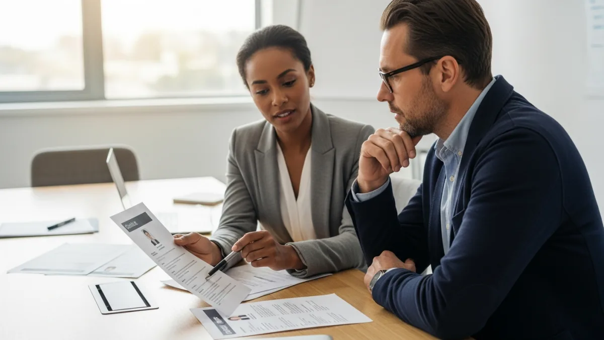 Hiring manager reviewing nearshore QA engineer candidate profiles in modern office