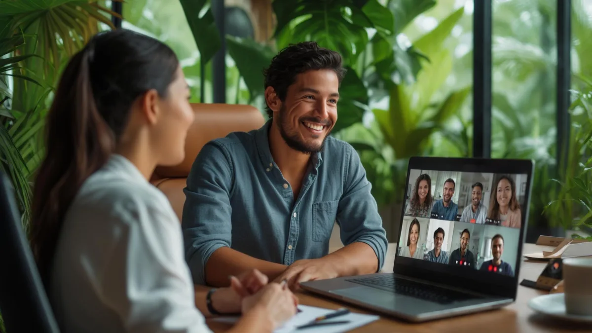 Nearshore React developer in video call collaborating with US-based product team
