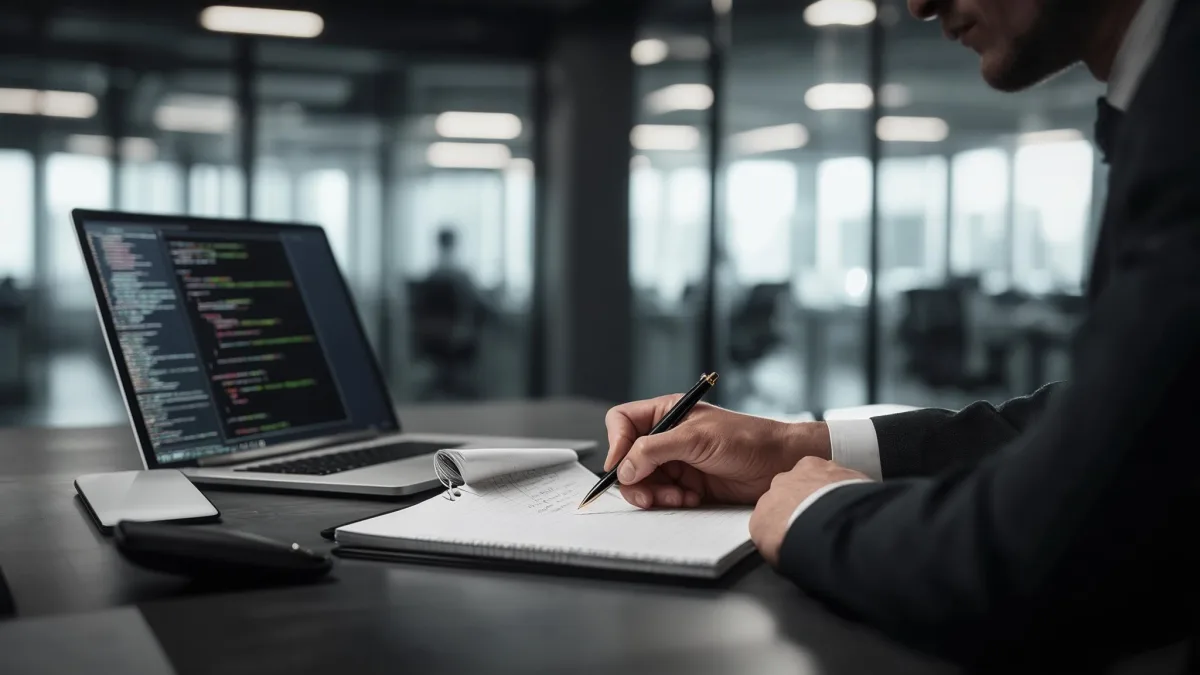 Tech lead reviewing React developer requirements with printed job specification