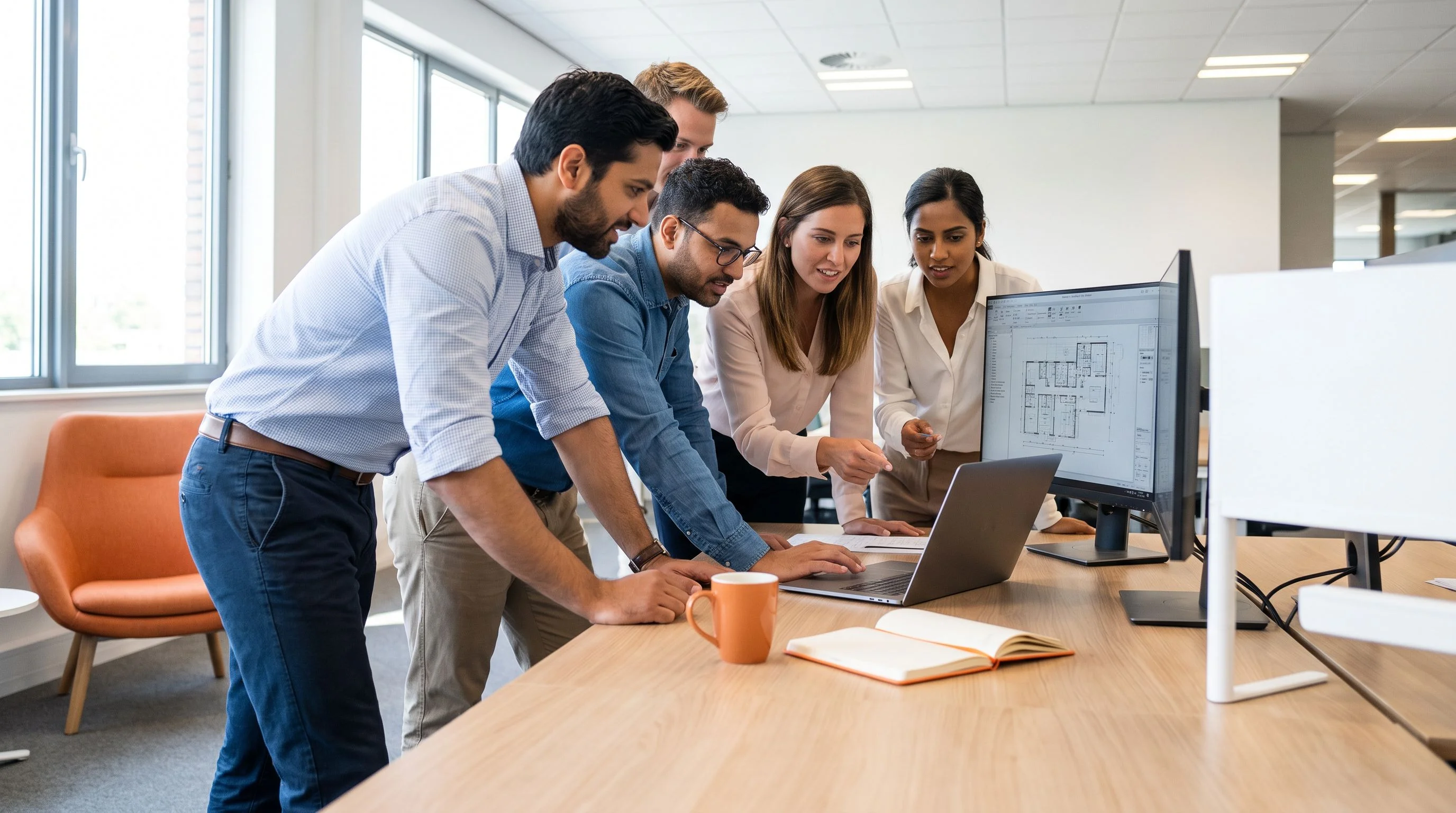Nearshore React developer team reviewing project documents with remote US team