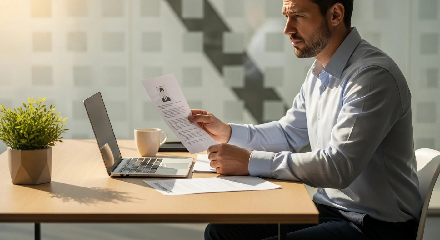 Hiring manager reviewing a nearshore software developer candidate profile and reference notes at a desk