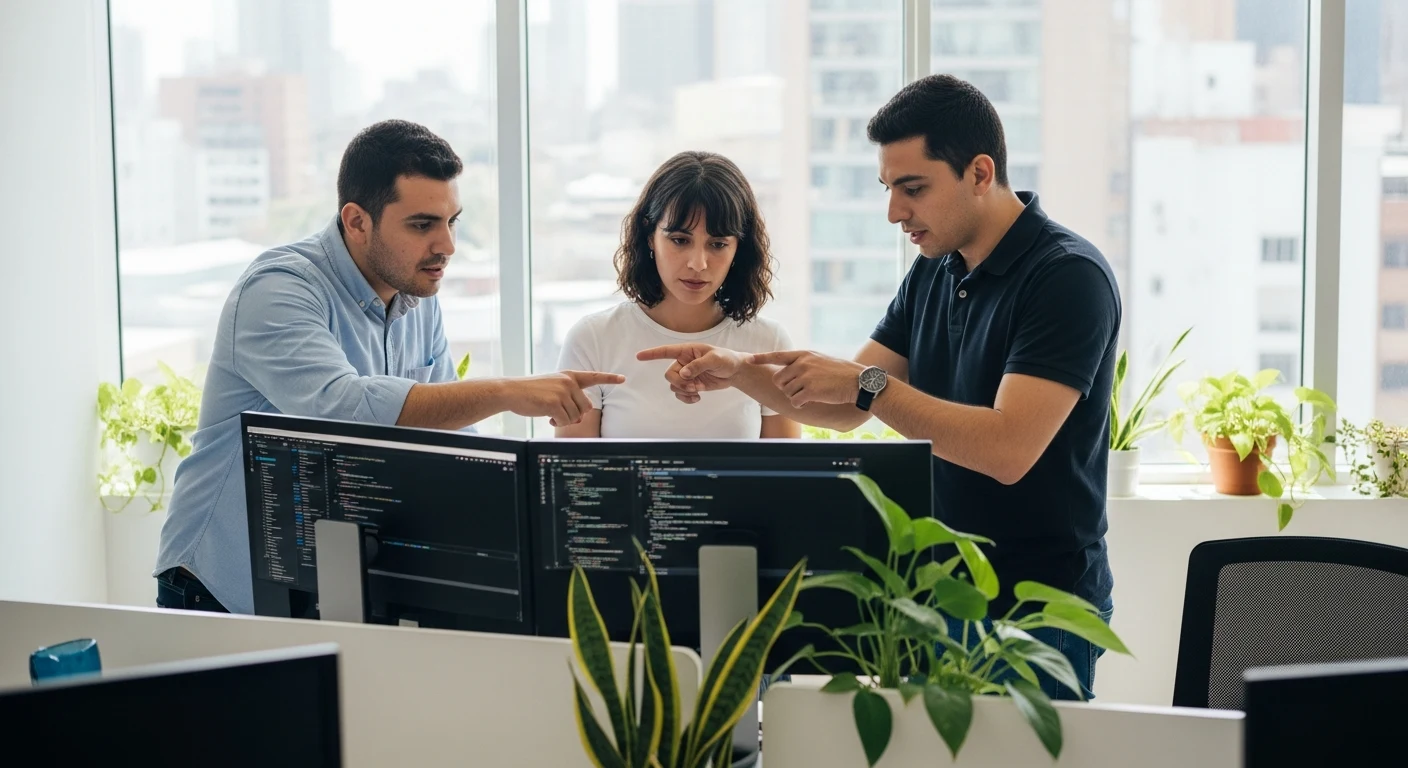 Software development team collaborating in a modern office in Latin America