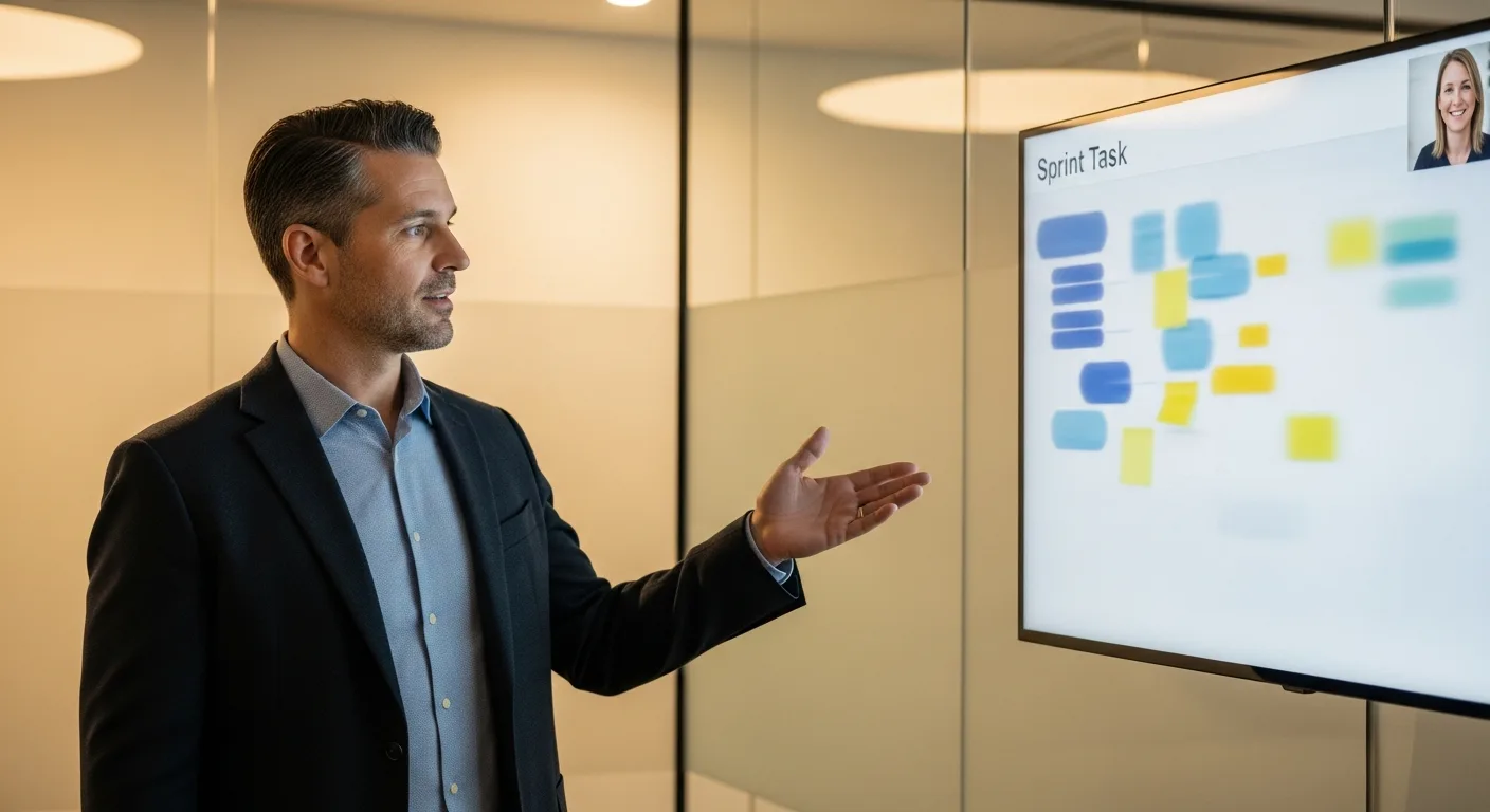 US engineering manager reviewing sprint board with a nearshore software developer joining by video from Costa Rica