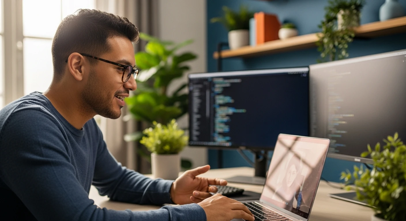 nearshore software developer on a video call standup with a US-based product team, representing hiring a nearshore developer directly versus a traditional staffing agency