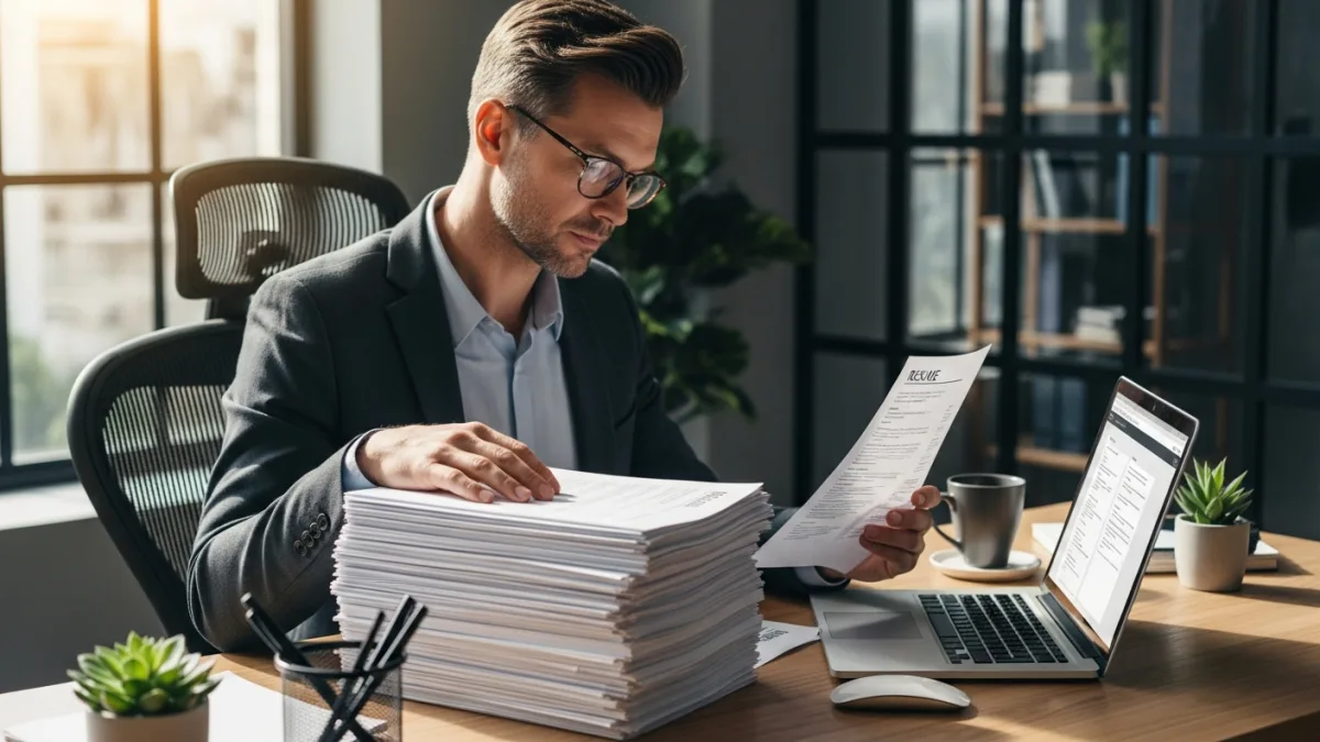 Hiring manager reviewing .NET developer candidate profiles on office desk next to laptop