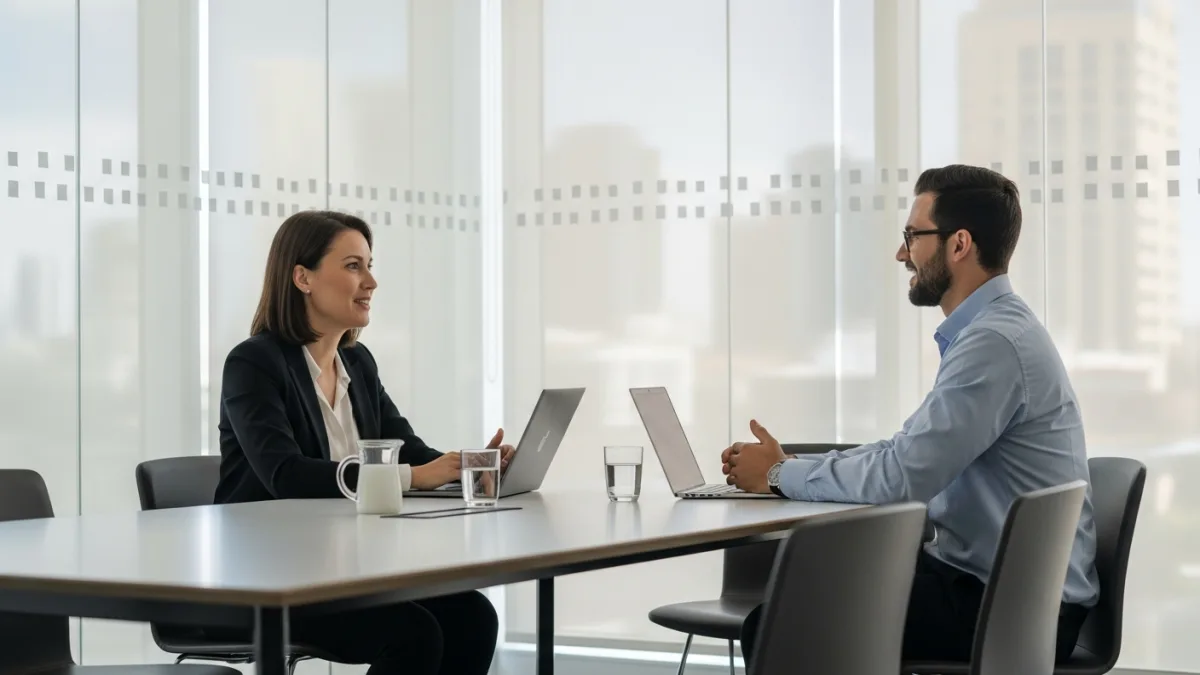 Relaxed professional interview conversation between hiring manager and .NET developer candidate in office