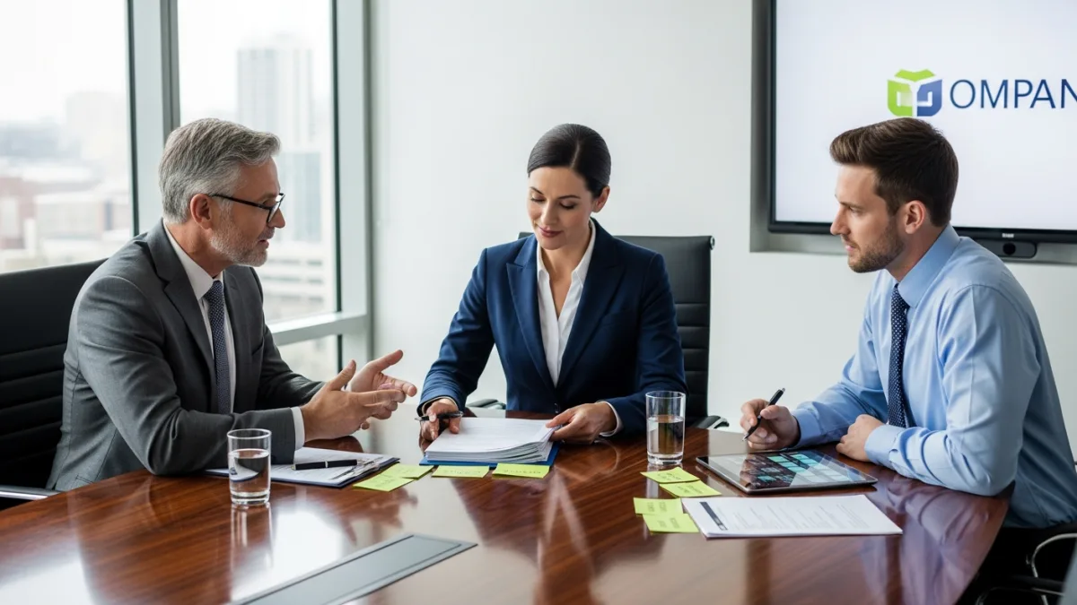 Three-person interview panel reviewing .NET developer candidate evaluation notes in conference room