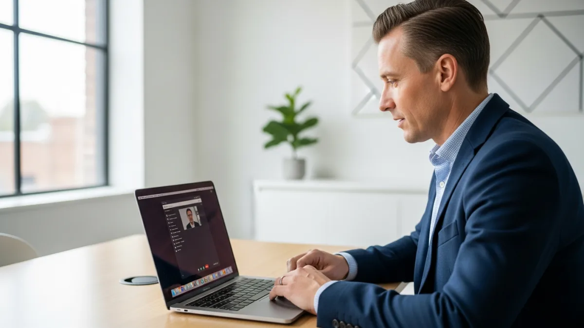 Engineering manager conducting video interview with software developer candidate on laptop