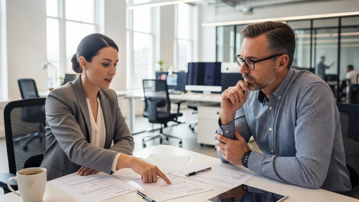 Technical recruiter reviewing .NET developer stack requirements with engineering lead in office