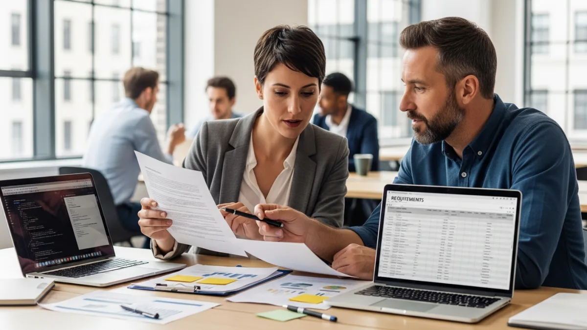 HR manager and tech lead collaborating to write job description at modern office desk