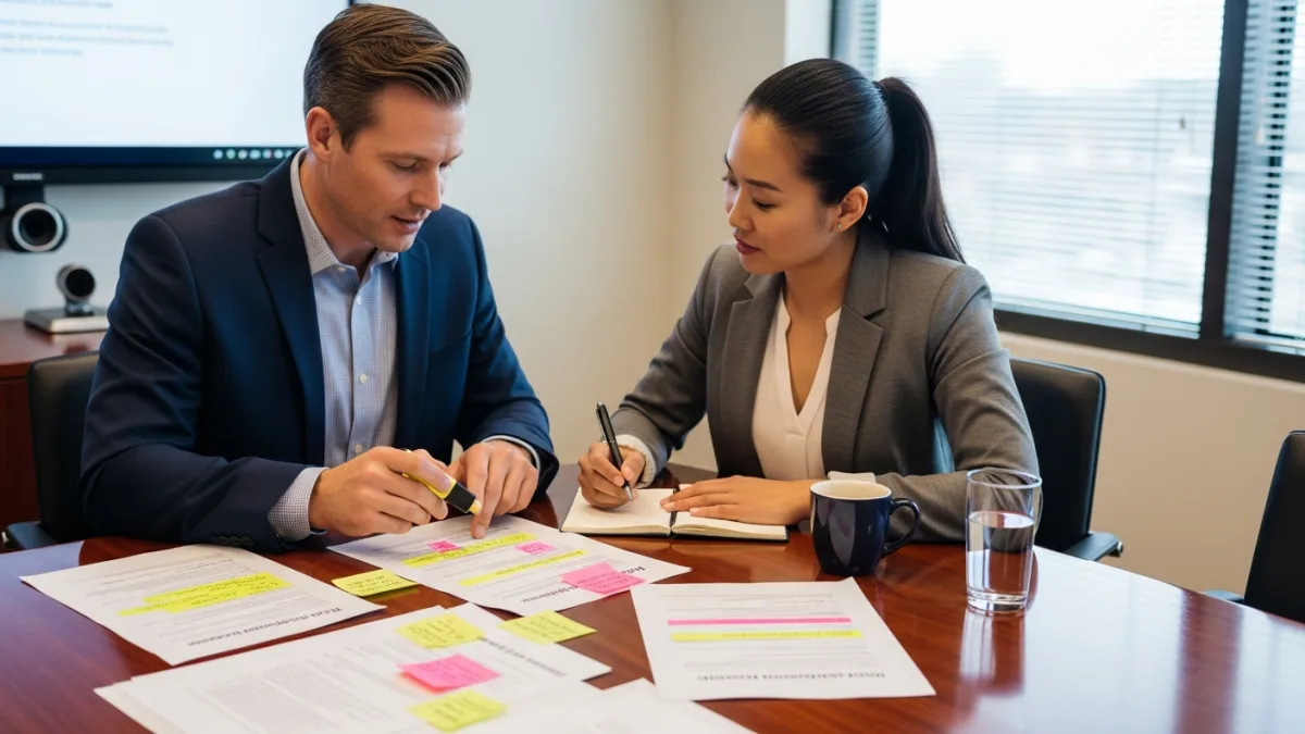 Two professionals reviewing printed .NET developer job description documents at conference table