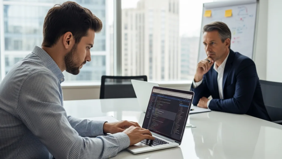 Software developer working through C# technical coding exercise on laptop during .NET interview