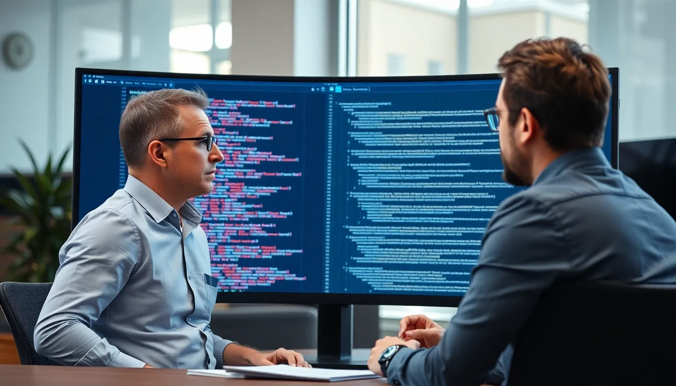Engineering manager reviewing Python developer code sample on laptop screen during interview
