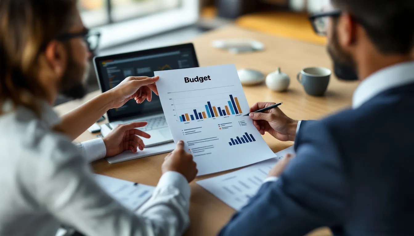 Hiring manager reviewing Python developer cost breakdown spreadsheet in budget planning meeting