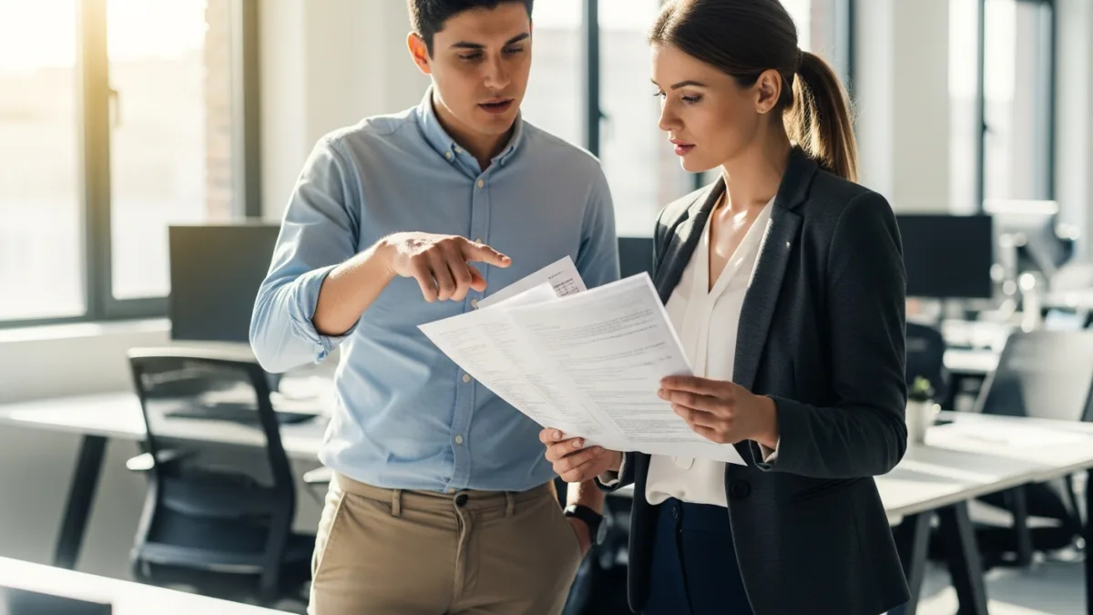 Two developers reviewing printed code documentation together in professional office