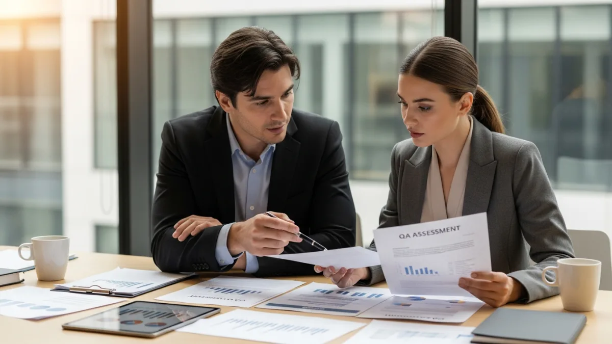 Two professionals reviewing QA assessment document together across office desk