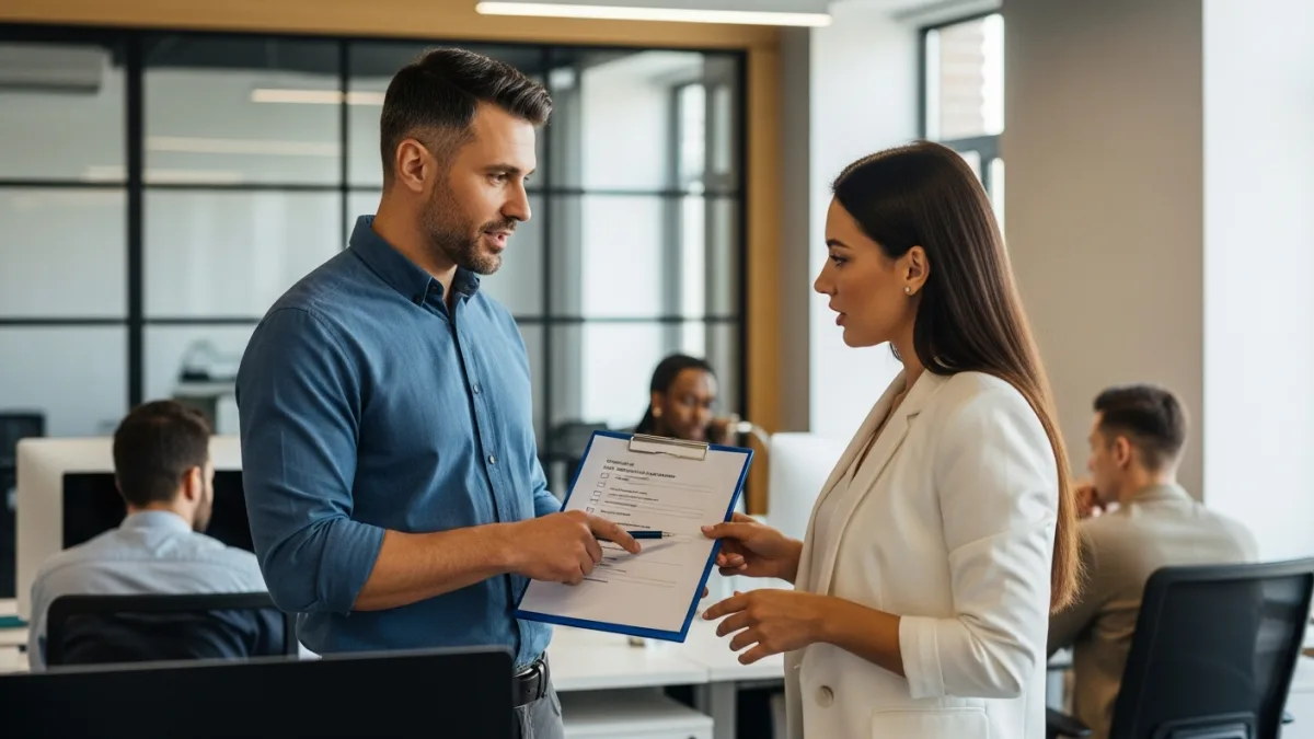 Team leader presenting QA skills requirements checklist to colleague in office