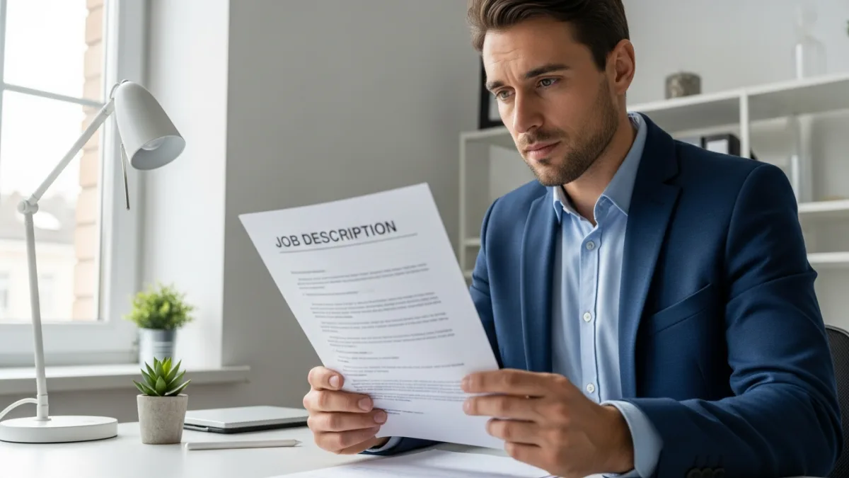 Professional reviewing QA engineer job description document at office desk