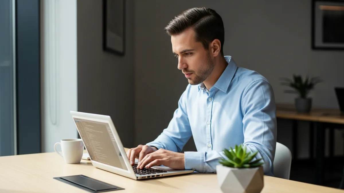 QA engineer focused at laptop in clean modern workspace