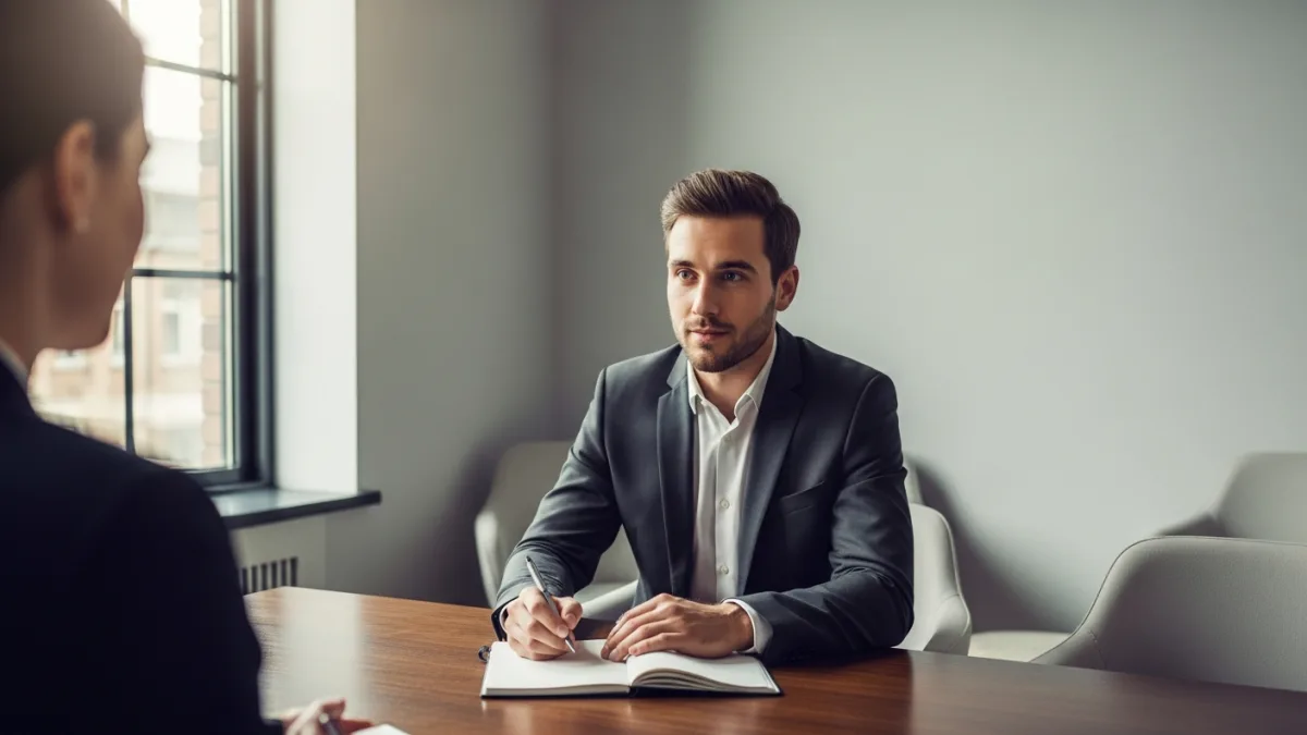 QA engineer candidate in professional interview setting, confident and attentive