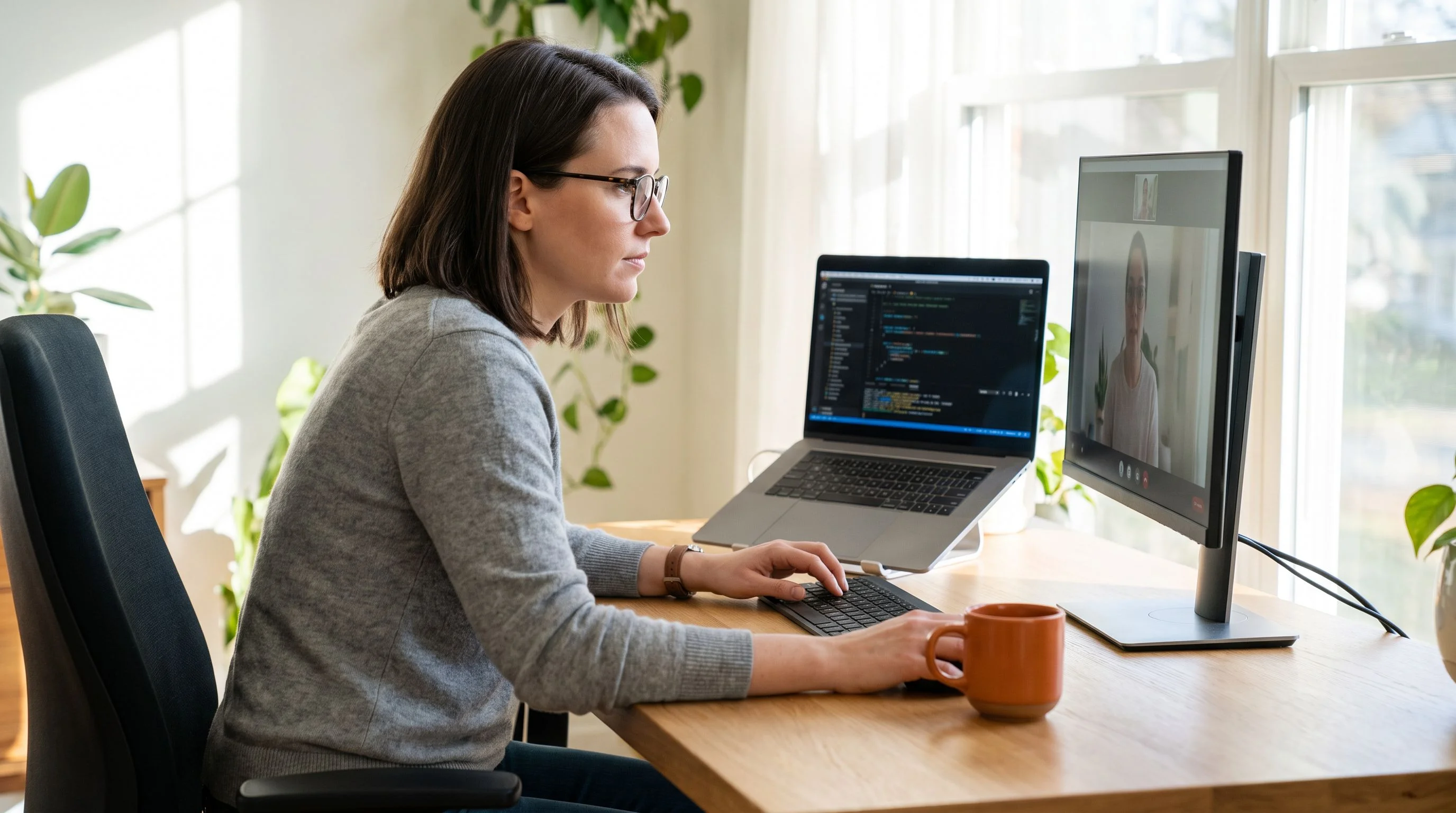 React developer working through coding challenge during remote interview