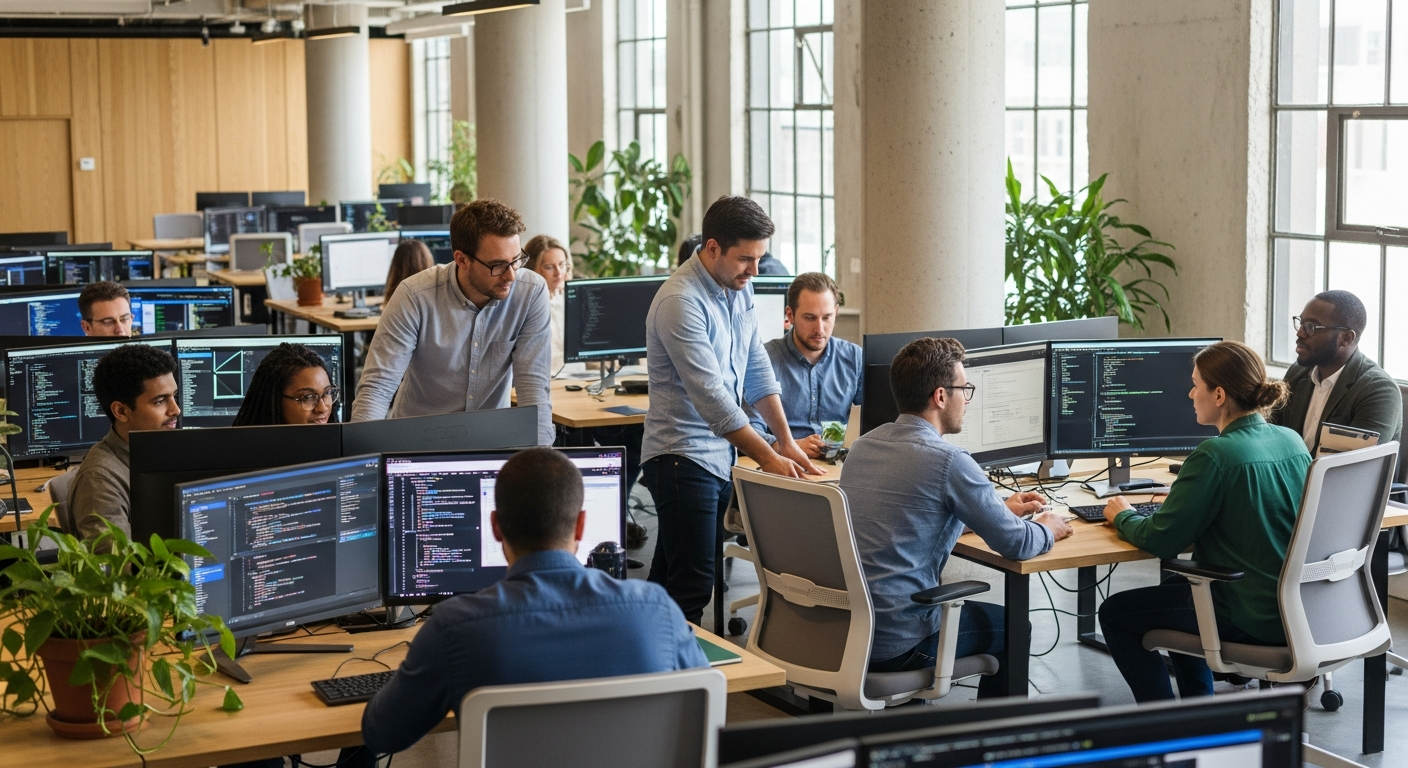 Nearshore software developer team collaborating in a modern tech office