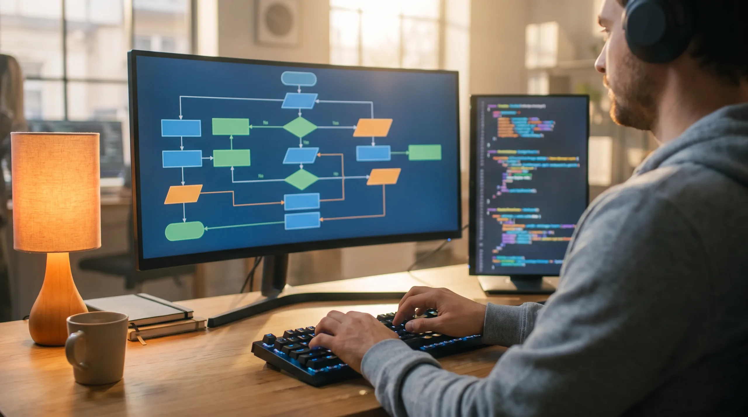 Developer at a dual-monitor desk building an agentic AI workflow with connected decision nodes on screen