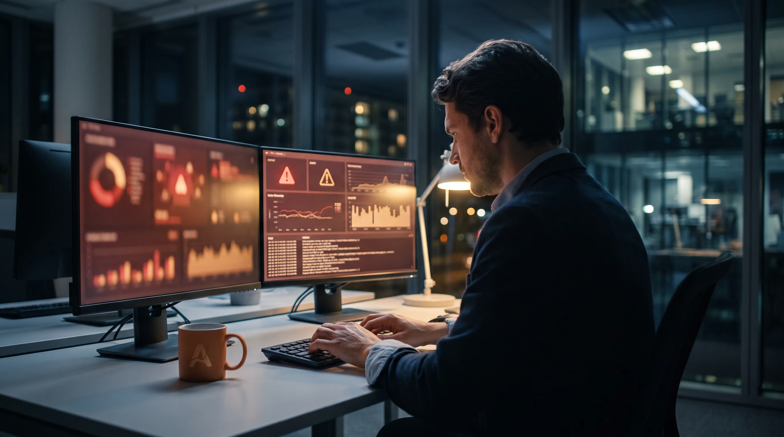 Engineer responding to a production incident involving an AI agent, dual monitors