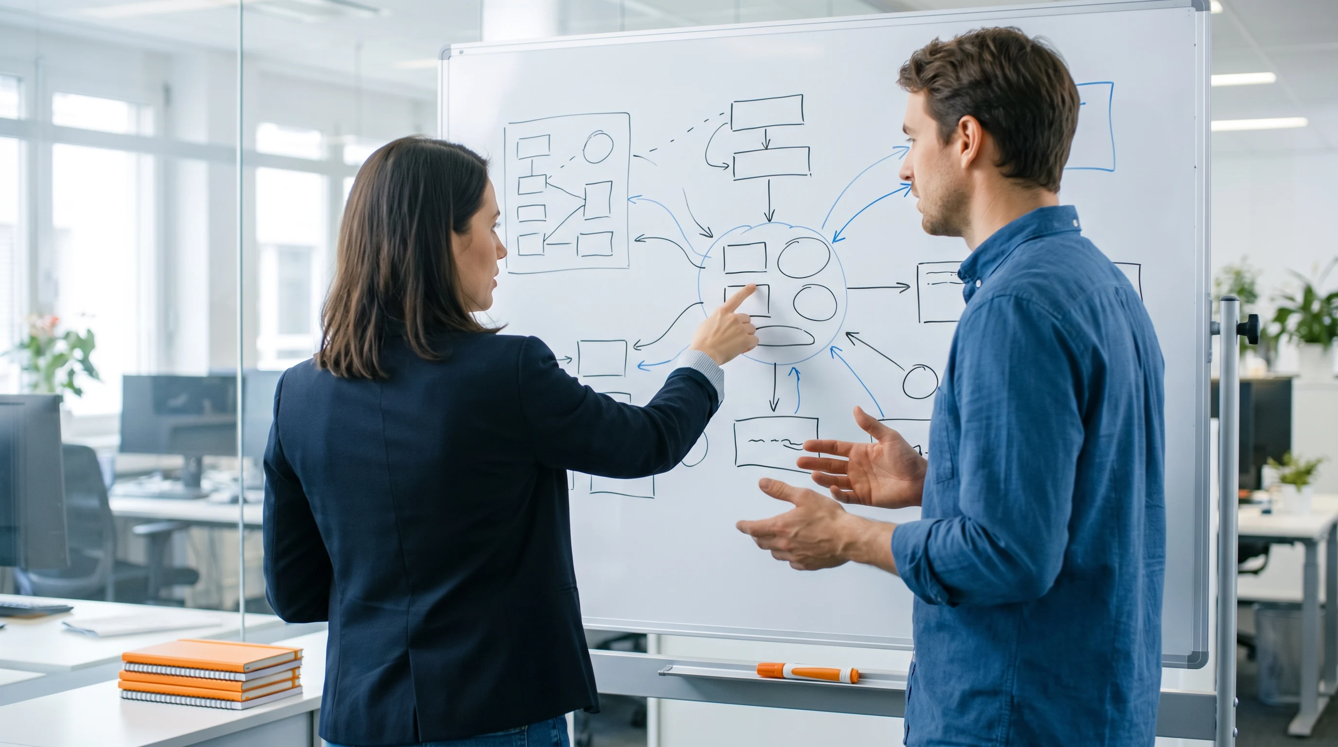 Two engineers discussing an AI agent orchestration architecture diagram at a whiteboard