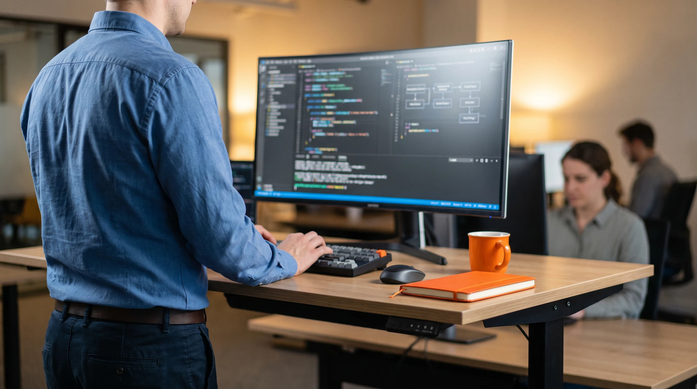 Software engineer reviewing agent tool-calling and function-calling code at a standing desk