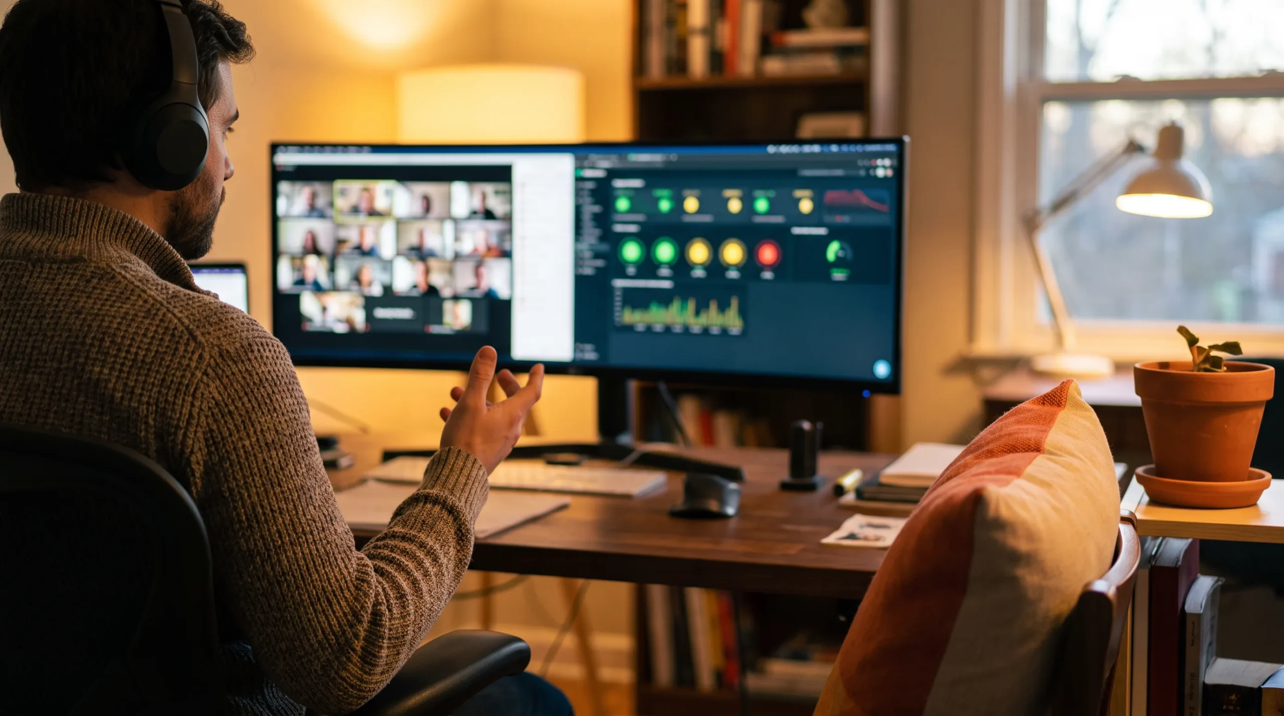 Remote agentic AI engineer on a video call with an agent monitoring dashboard visible on screen