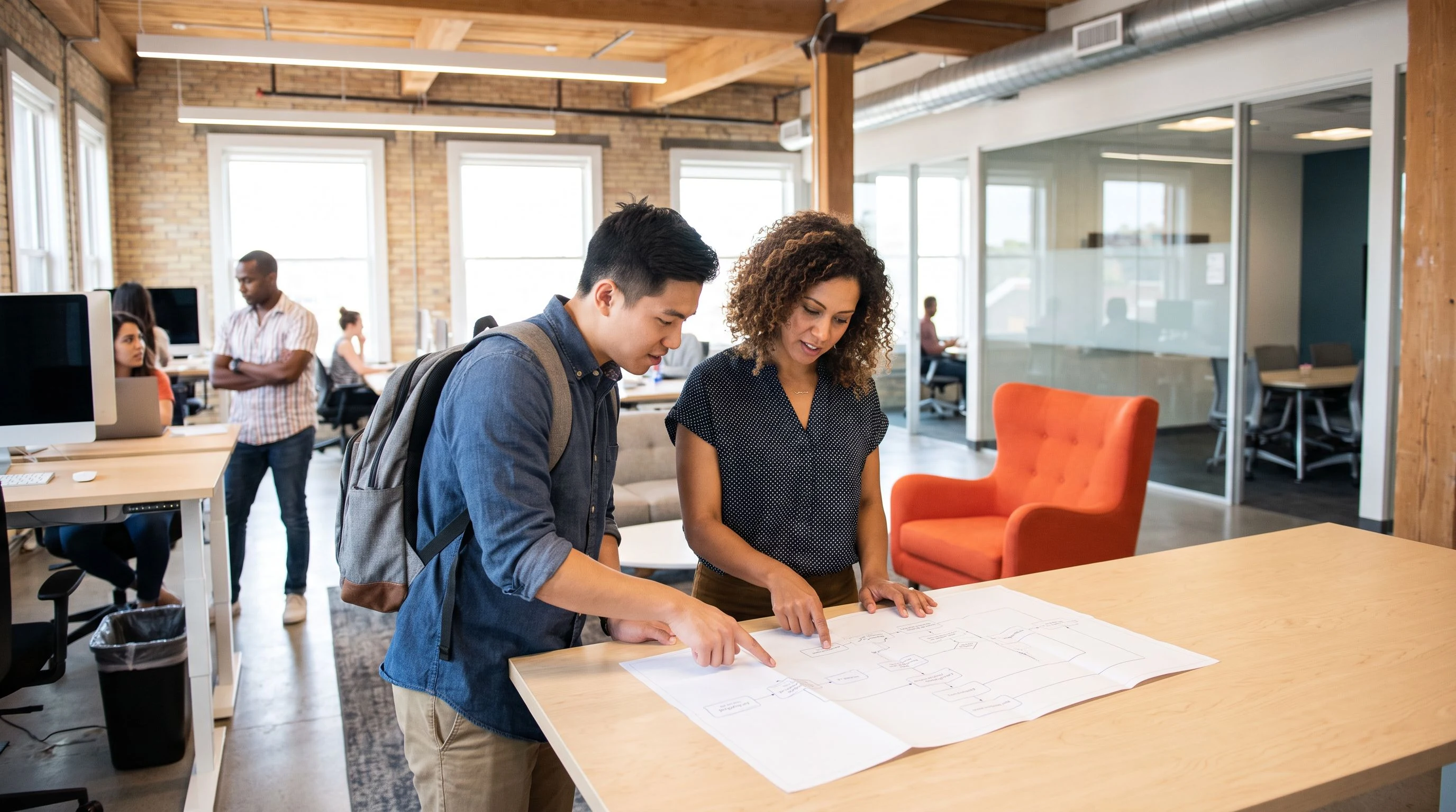 New engineer at a standing desk reviewing a printed workflow diagram with a colleague, warm orange accent chair in a bright collaborative office