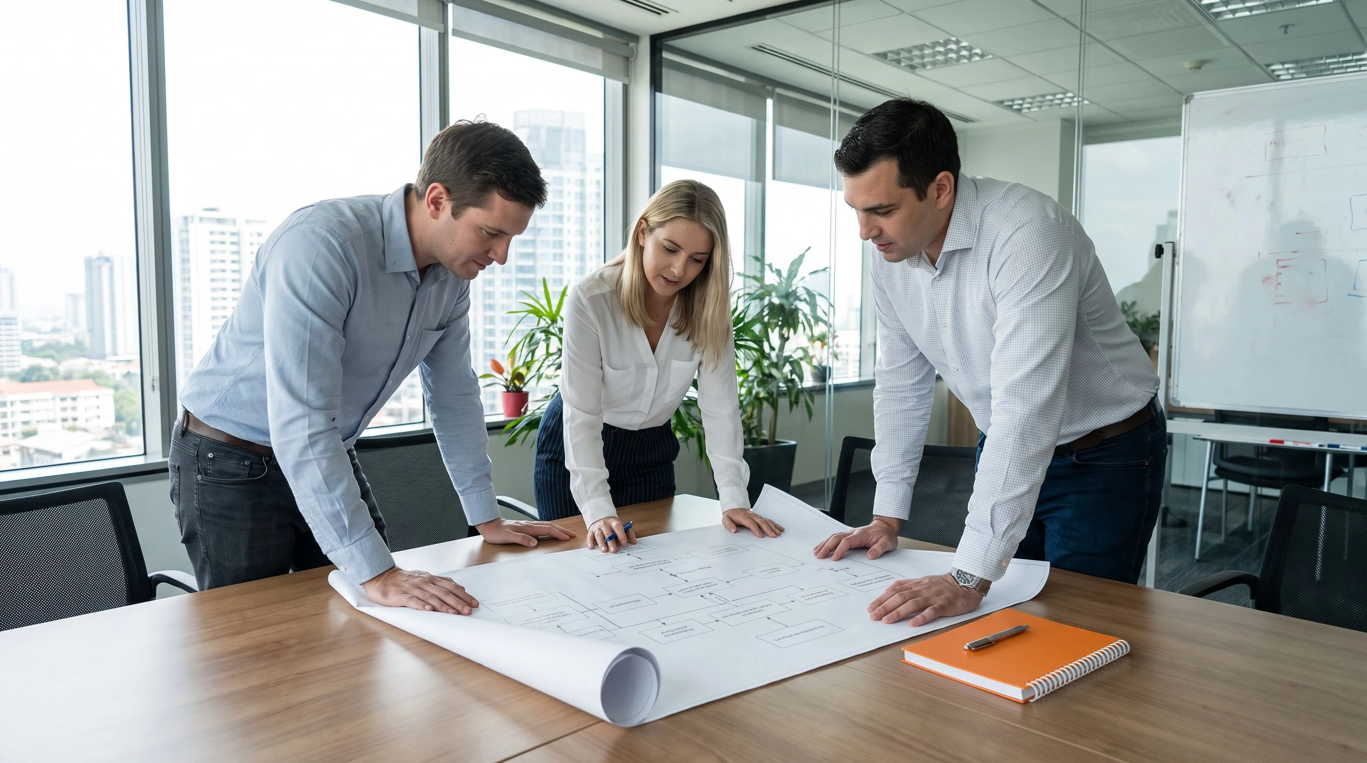 Three engineers reviewing a printed AI agent orchestration workflow diagram at a conference table, warm orange notebook accent on the table
