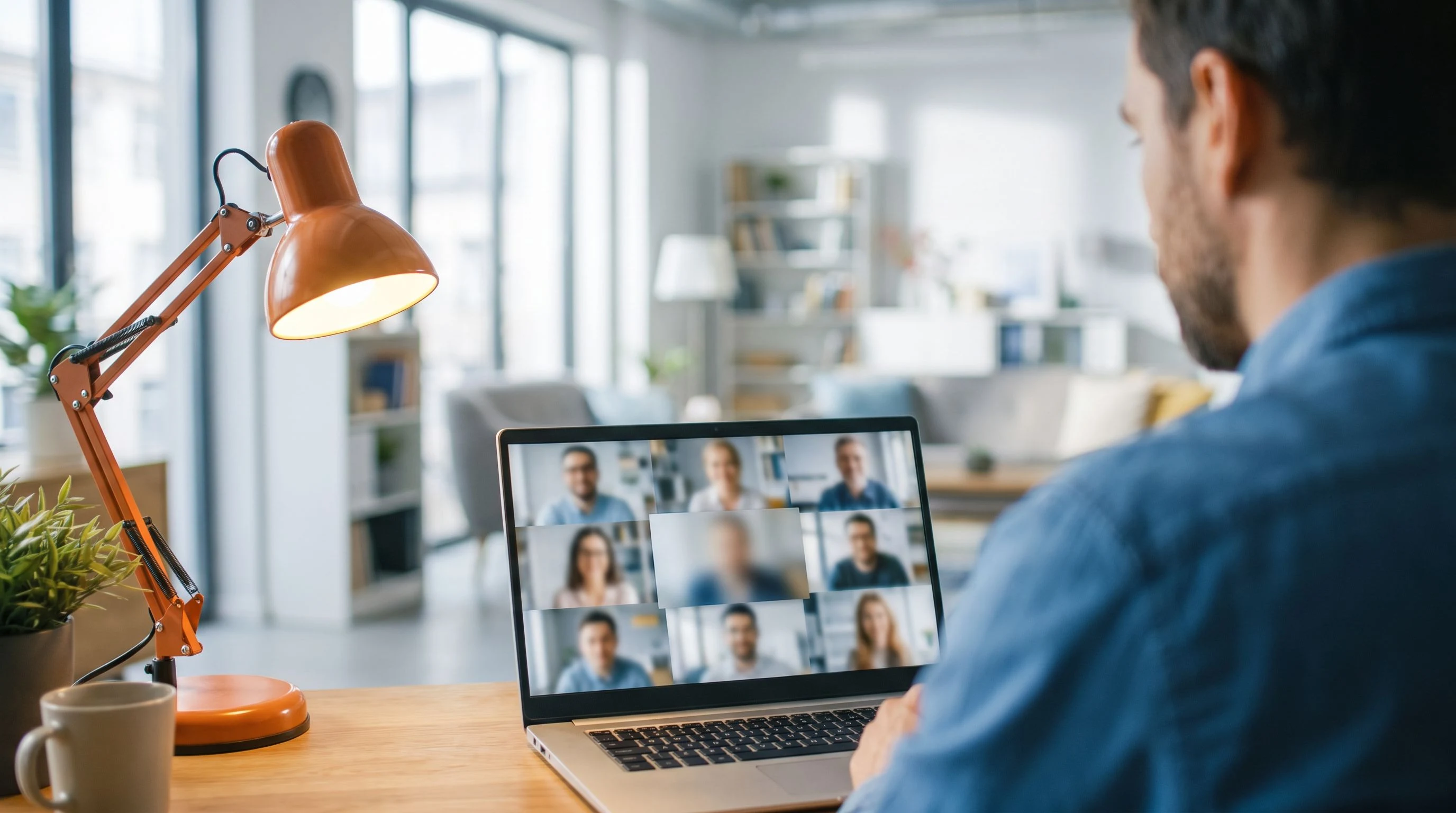 Hiring manager on a video call technical interview, over-the-shoulder view of a laptop screen with a candidate video tile, warm orange desk lamp accent
