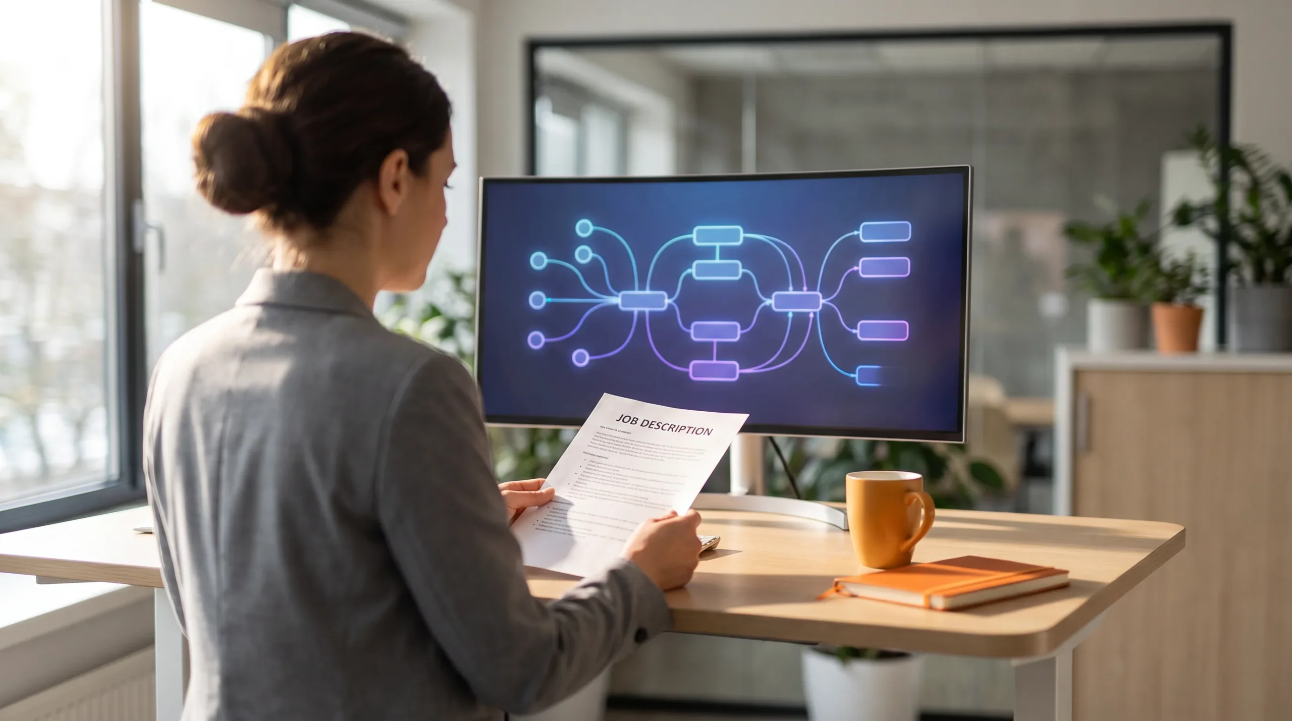 Hiring manager reviewing an agentic AI engineer job description with an agent workflow diagram on screen